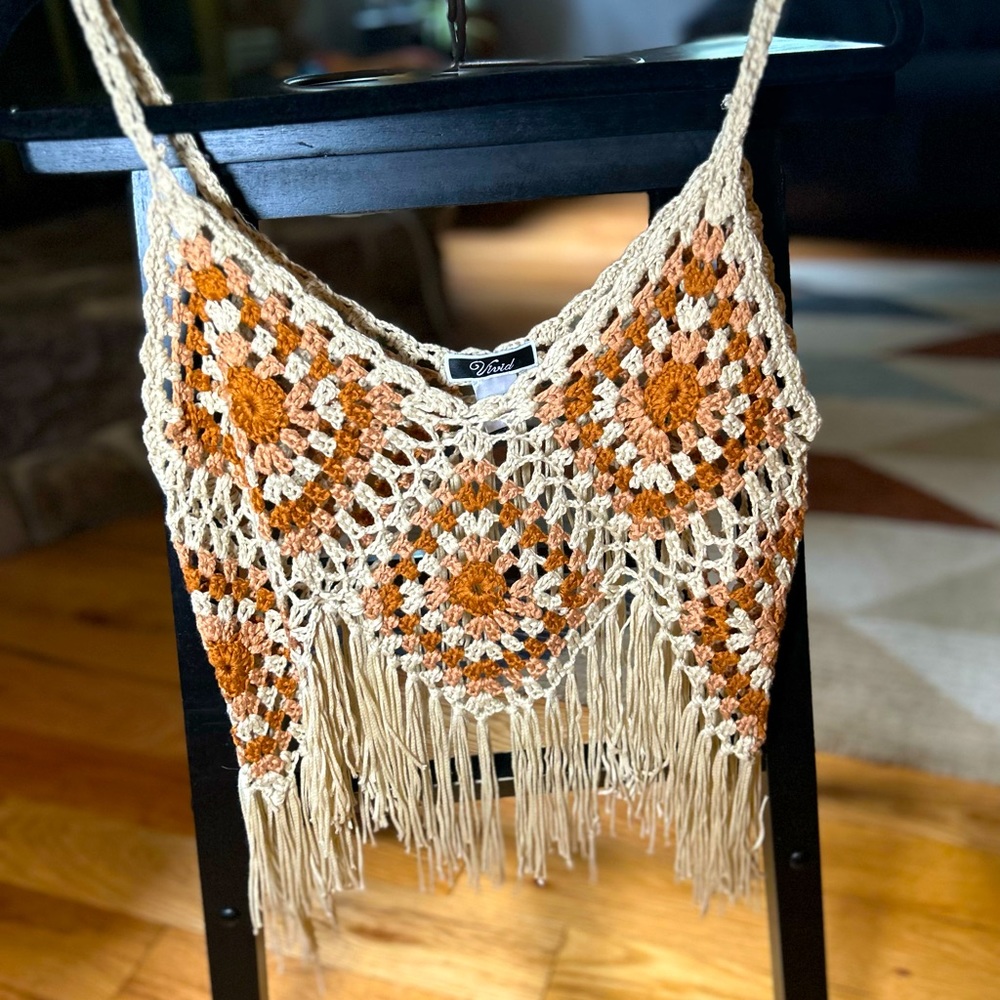 Vivid crochet top, brown/cream, small